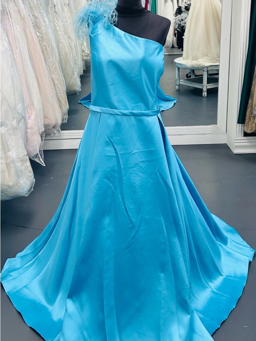 One-Shoulder Turquoise Satin Wedding Dress with Feather Detail